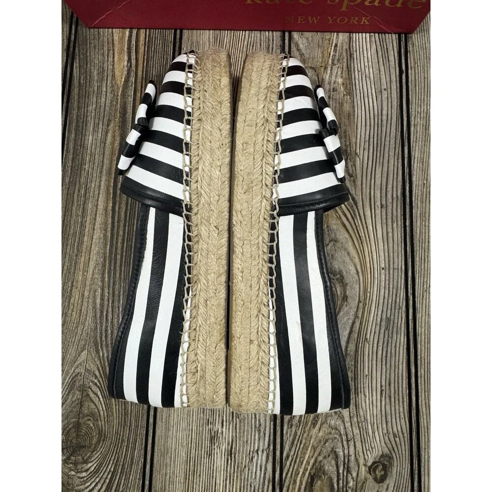 Kate Spade NY LINDS Striped Leather Bow Espadrille Flats Black White Sz 8 1/2